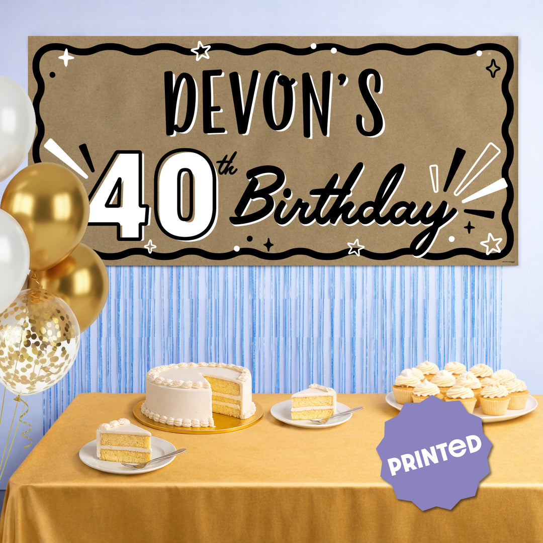 40th birthday party backdrop over dessert table