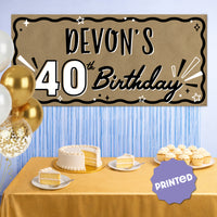 40th birthday party backdrop over dessert table