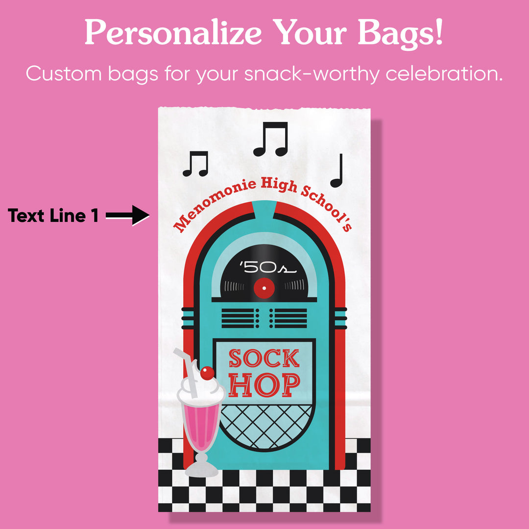 Custom Text Popcorn Bag - 50’s Sock Hop - 25 Ct