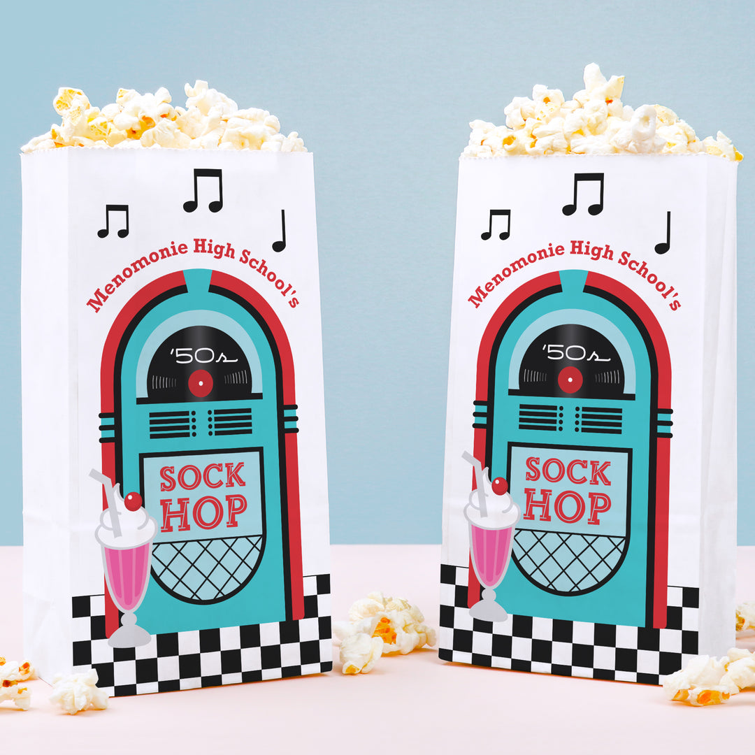 Custom Text Popcorn Bag - 50’s Sock Hop - 25 Ct