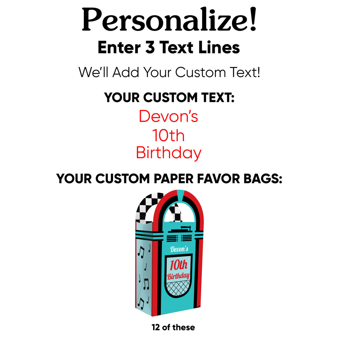 Custom Text 1950s Sock Hop Paper Favor Bags - 12 Ct