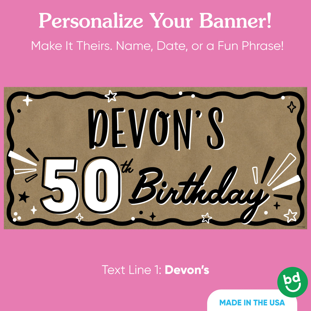 Custom name and date printed on 50th birthday banner