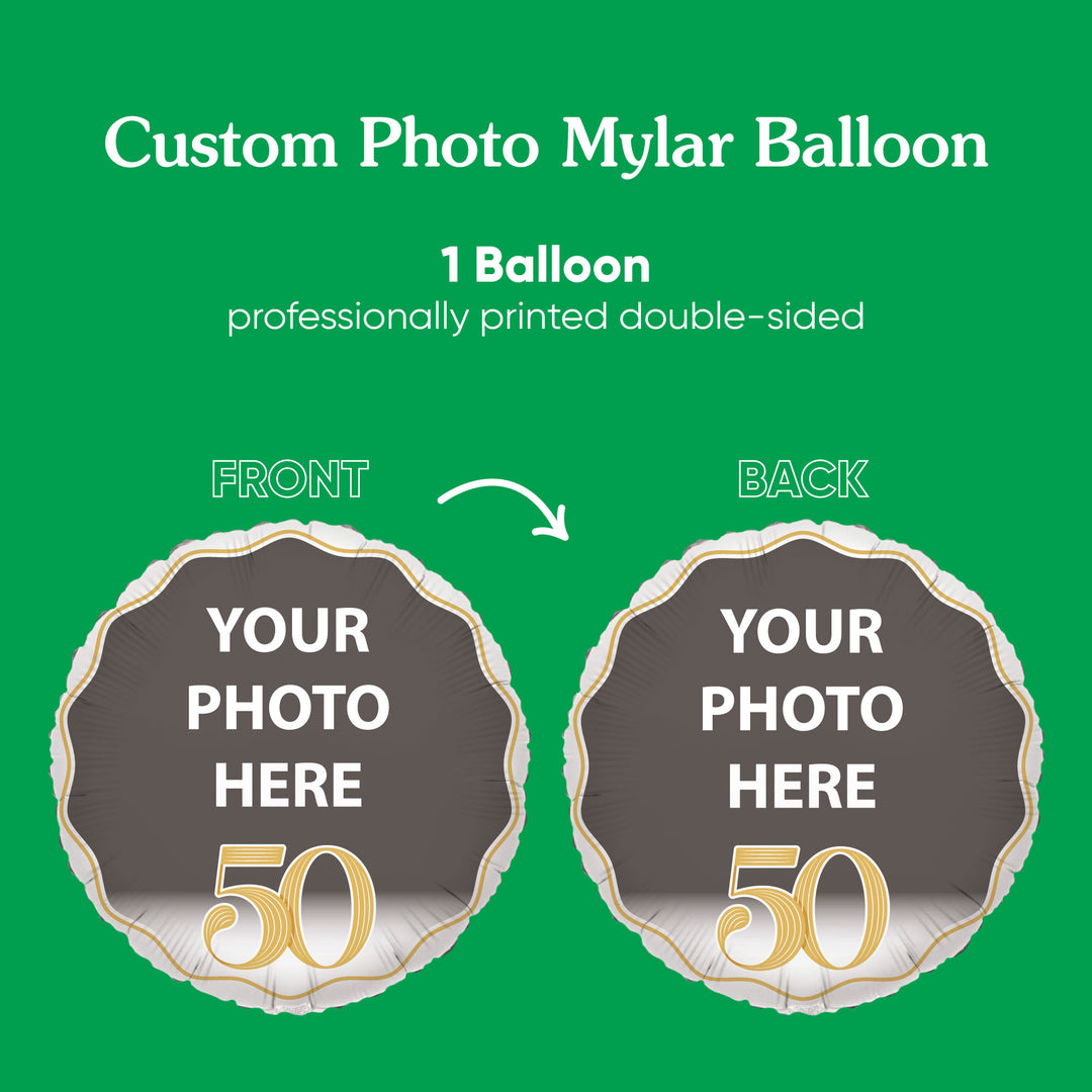 Custom photo mylar balloon design with text 'Your Photo Here 50' on a green background