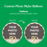 Custom photo mylar balloon design with text 'Your Photo Here 50' on a green background