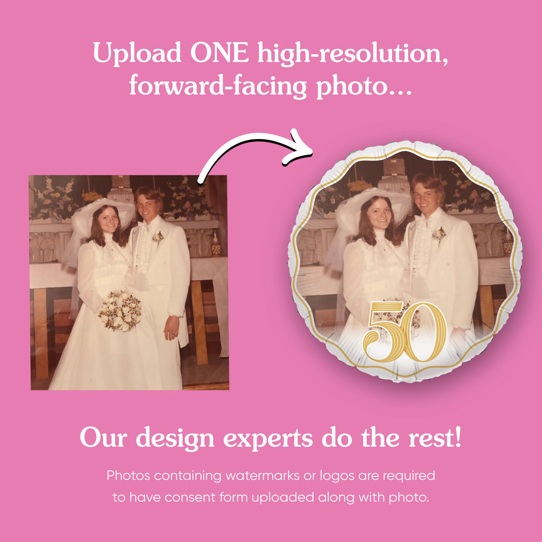 Promotional graphic for a photo design service with a pink background, text, and a vintage wedding photo.