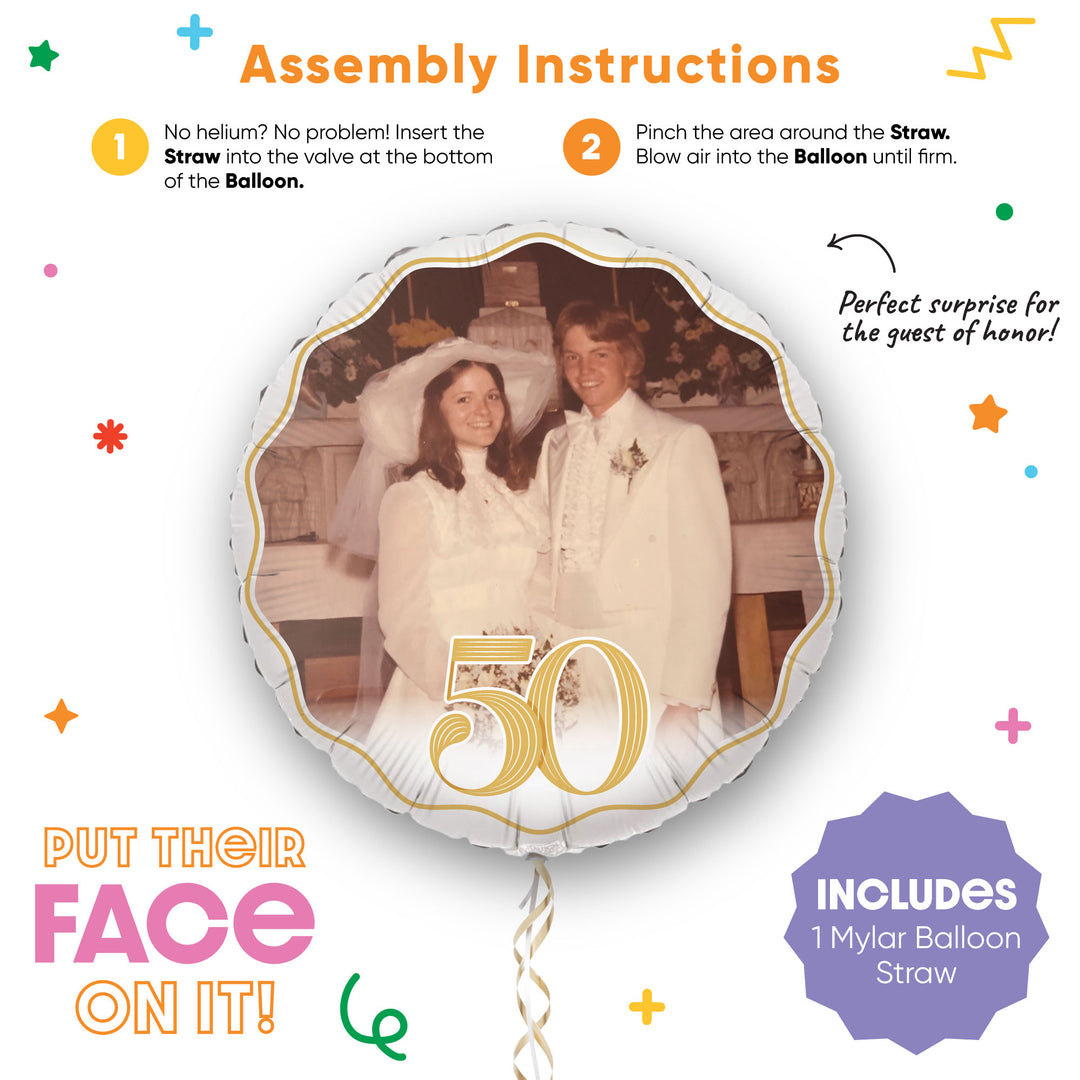 Custom Balloon with a photo of two people and the number 50, with assembly instructions and product details.