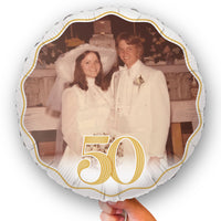 Custom 50th Anniversary Balloon with a photo of a couple in wedding attire and the number 50 on a white background