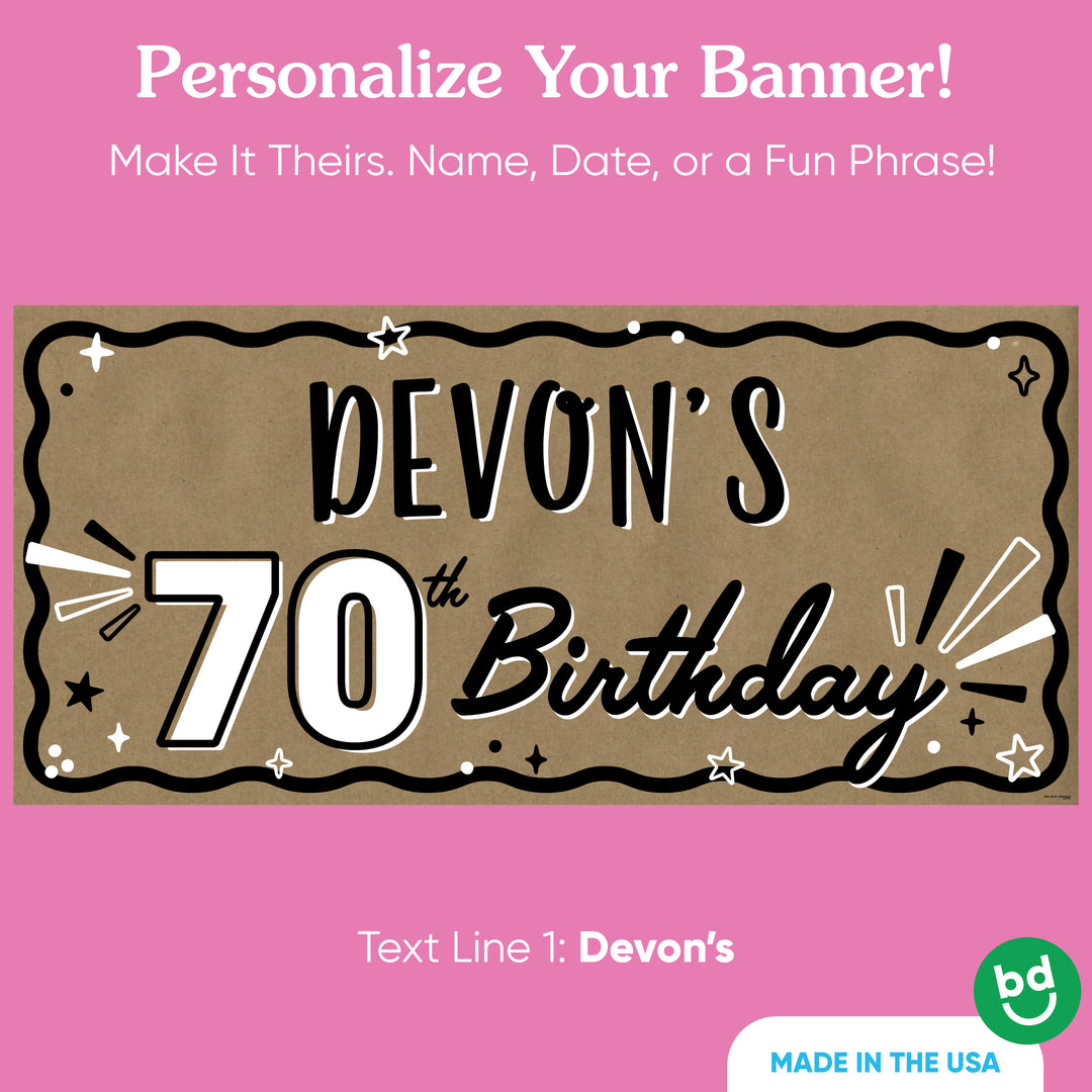 Custom phrase printed on 70th birthday banner