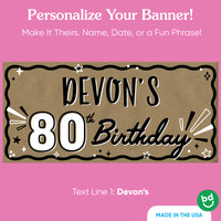 Custom name detail on 80th birthday party banner