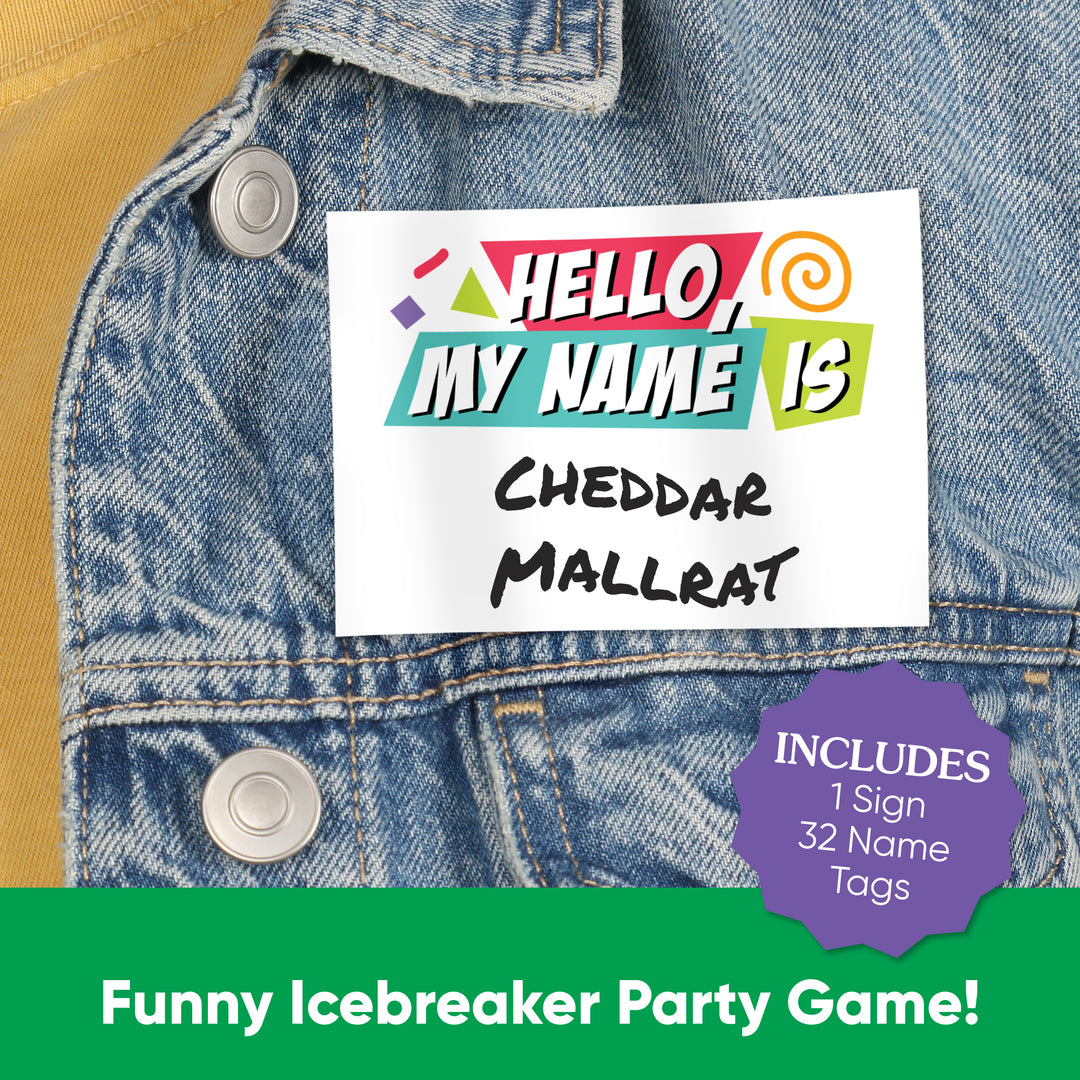 90's Name tag with 'Hello, My Name is Cheddar Mallrat' text on a denim jacket.