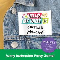 90's Name tag with 'Hello, My Name is Cheddar Mallrat' text on a denim jacket.