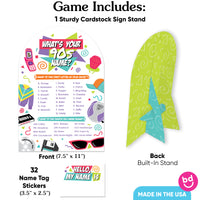Product packaging with name tag and sign stand, featuring colorful graphics and text.