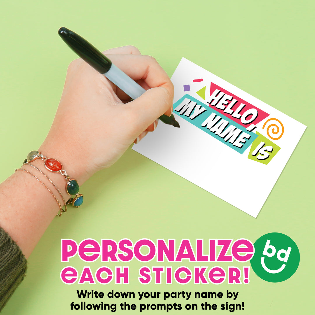 Hand writing on a 'Hello My Name Is' sticker with promotional text and branding on a green background