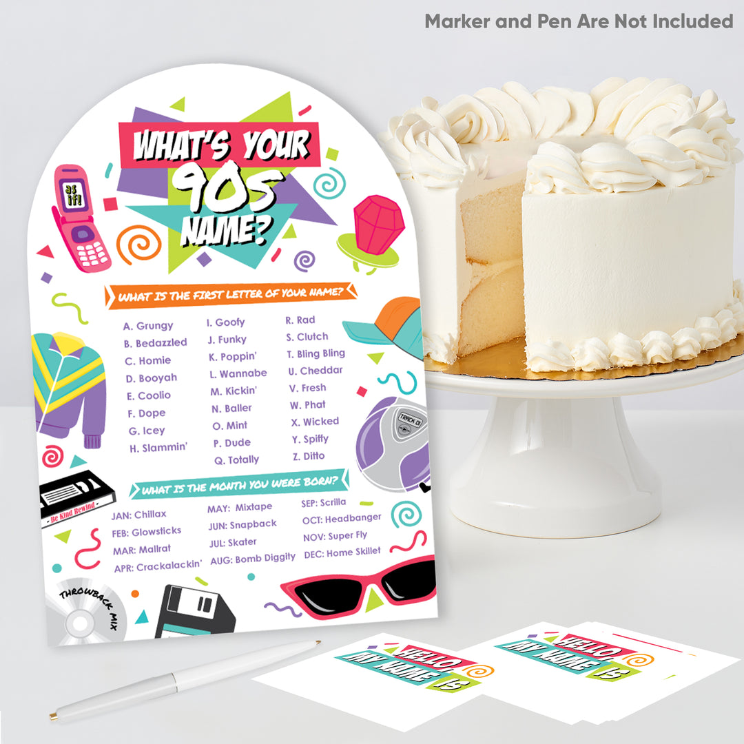 Colorful 'What's Your 90s Name?' game card with a cake on a white background