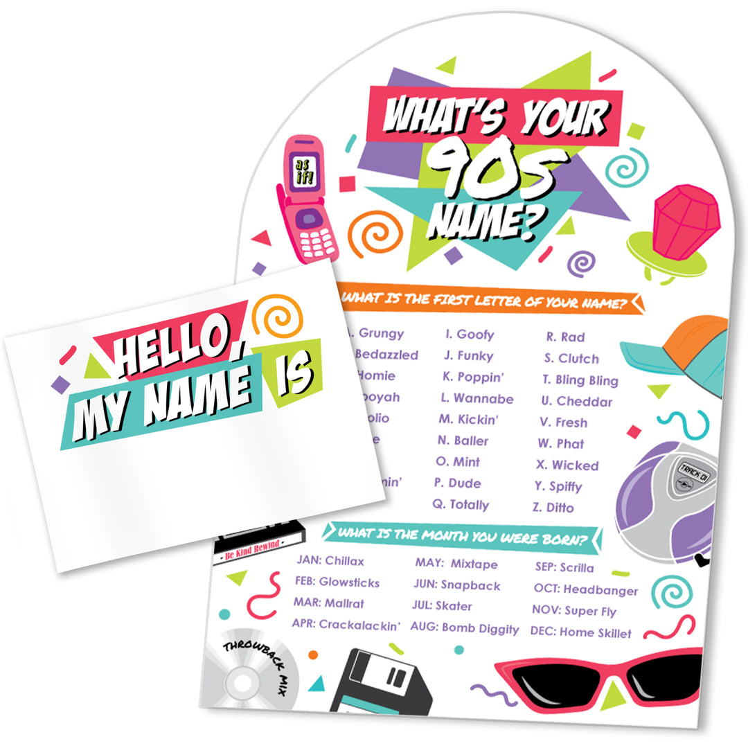 Colorful 90's themed party name tag game and card set with 90s-themed design on a white background
