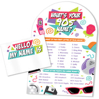 Colorful 90's themed party name tag game and card set with 90s-themed design on a white background