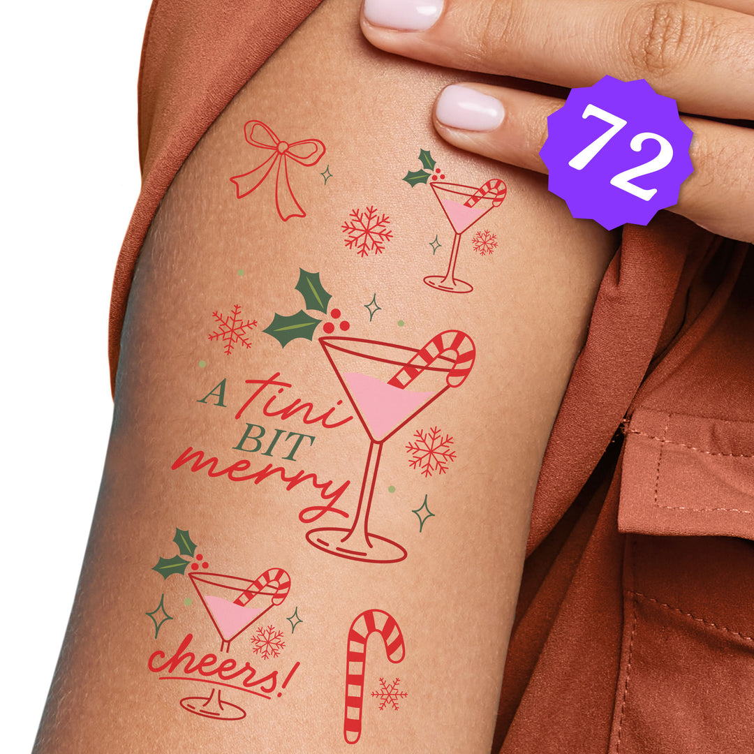 Christmas-themed temporary tattoos on a person's arm with a visible brand number 72.