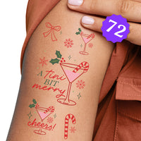 Christmas-themed temporary tattoos on a person's arm with a visible brand number 72.