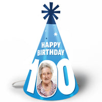 100th birthday custom photo cone party hats blue set
