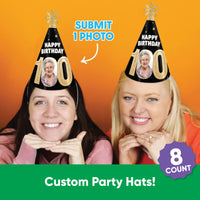 Guests wearing 100th birthday custom photo hats at party