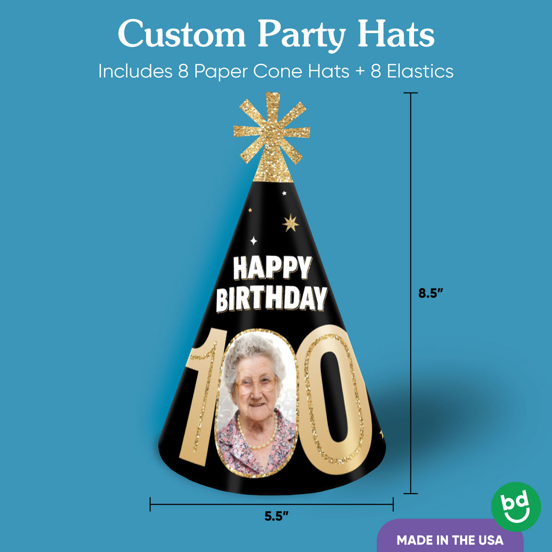 Set of 8 personalized 100th birthday cone hats with elastic strings