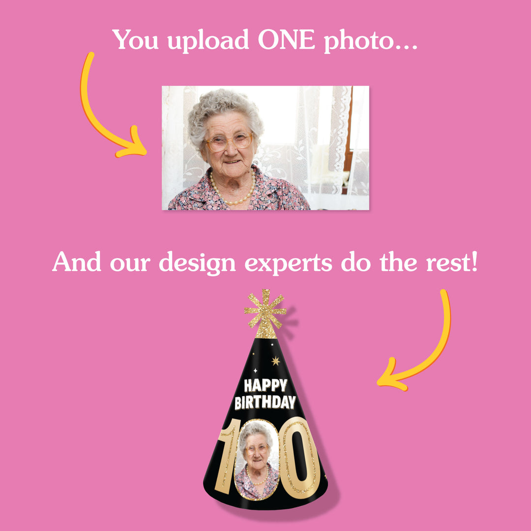 Black and gold 100th birthday cone hat design close-up with photo