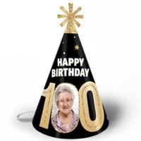 100th birthday custom photo cone party hats black and gold set