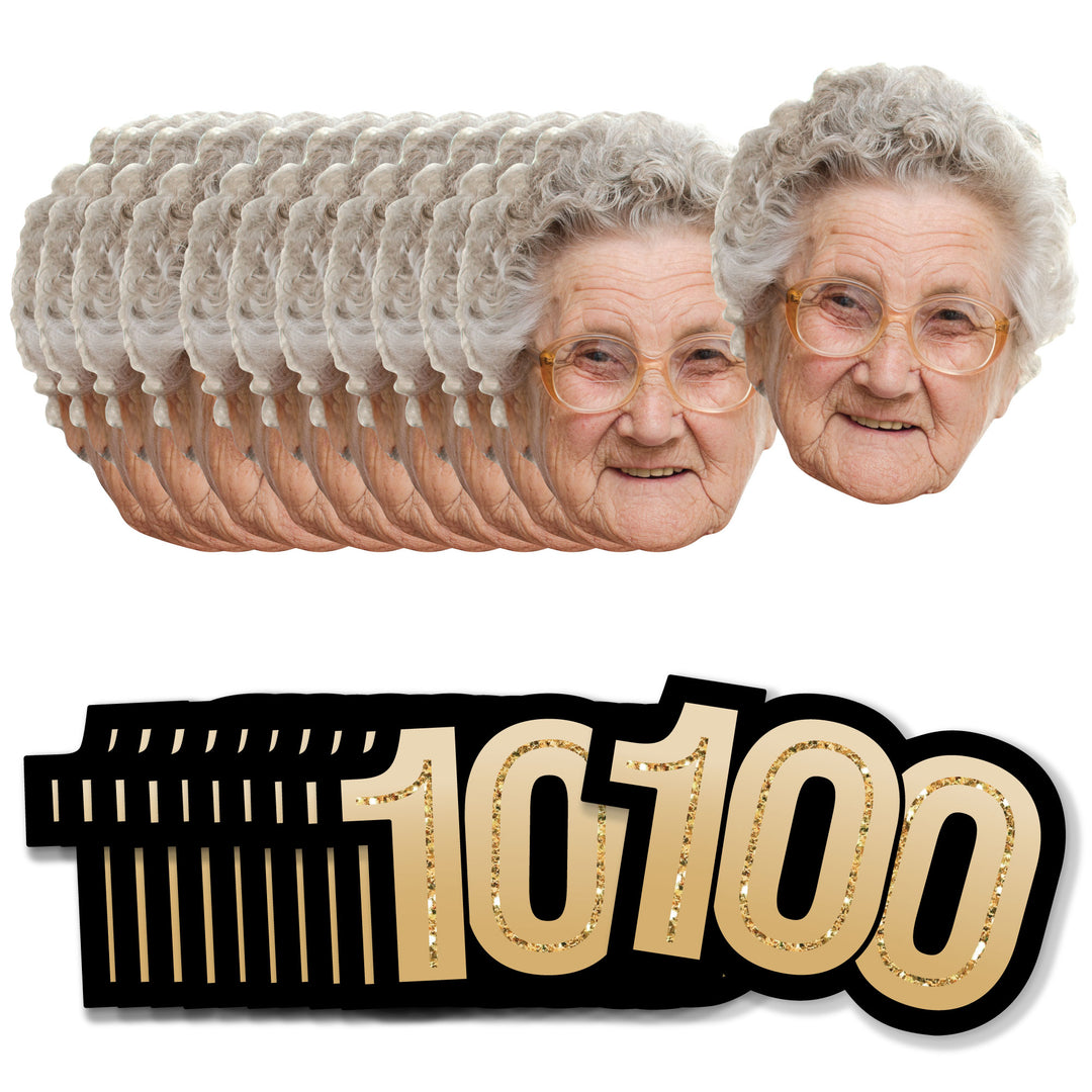 Custom 100th birthday fun face and number mini cutouts in black and gold