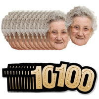 Custom 100th birthday fun face and number mini cutouts in black and gold