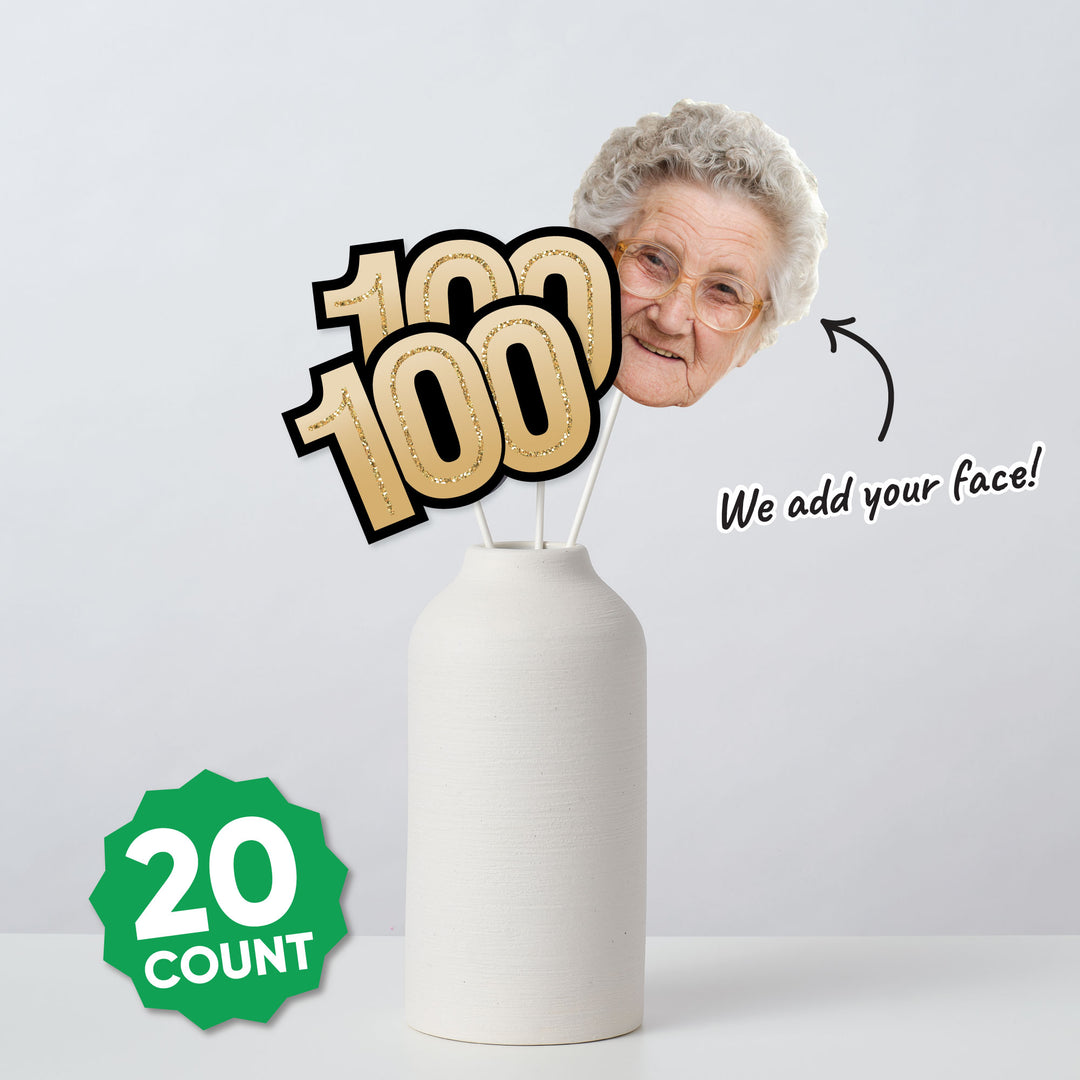 Set of 10 custom face cutouts and 10 black and gold 100 numbers