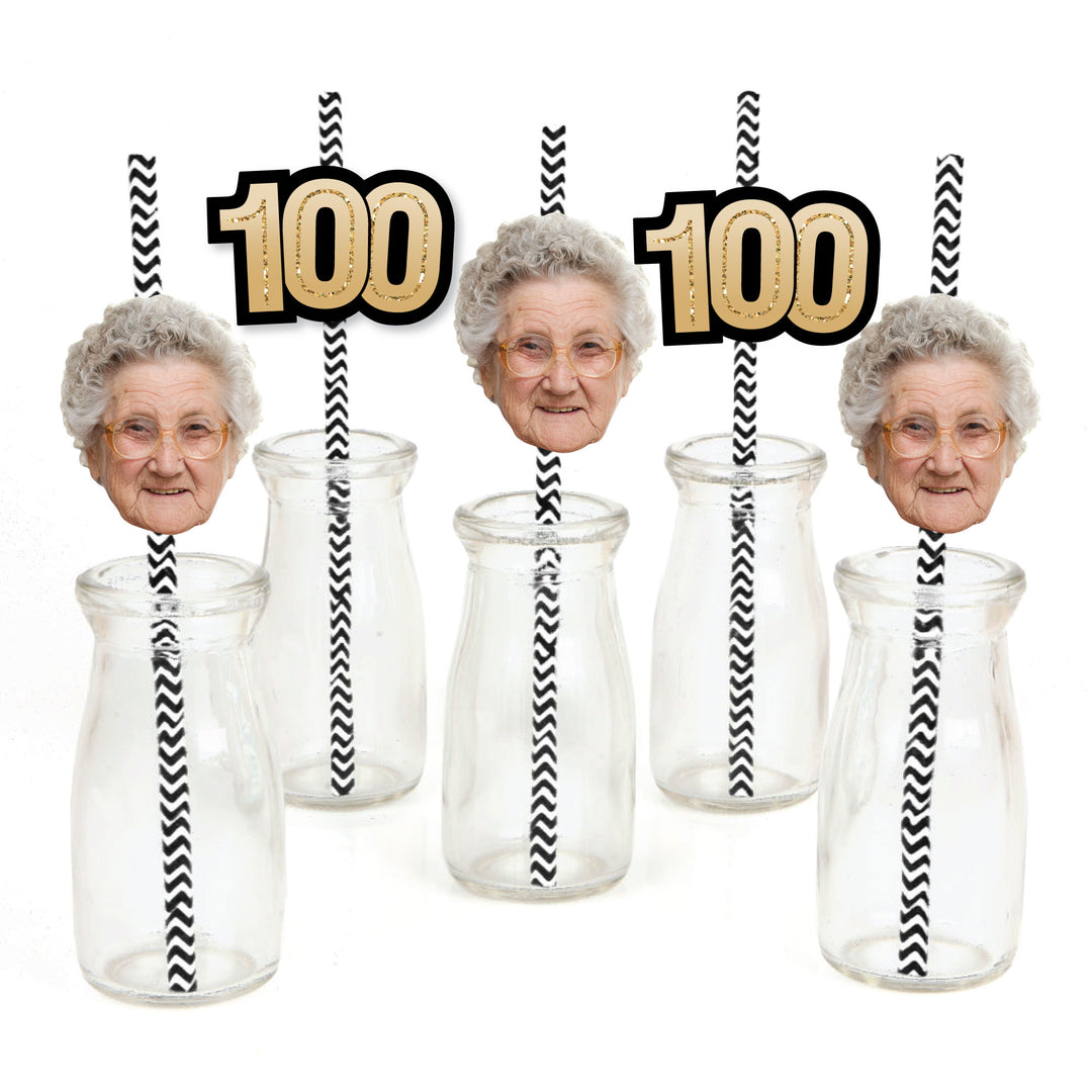 Custom 100th birthday fun face straw decorations with black and gold numbers