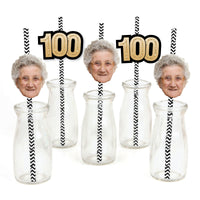 Custom 100th birthday fun face straw decorations with black and gold numbers