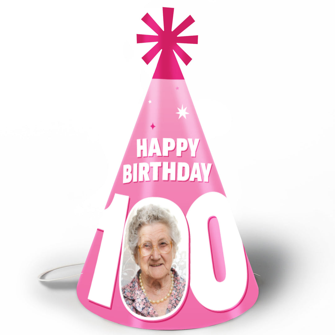 100th birthday custom photo cone party hats pink set
