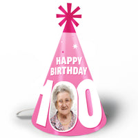 100th birthday custom photo cone party hats pink set