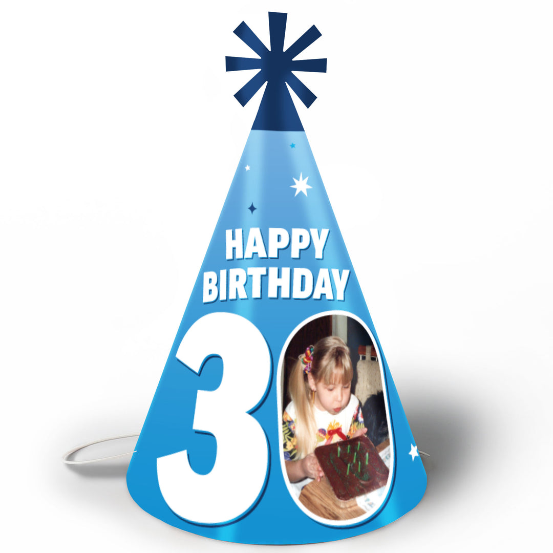 Custom Photo 30th Birthday Cone Hat - 8 Ct