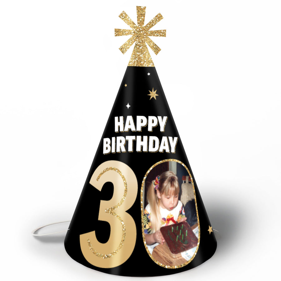 Custom Photo 30th Birthday Cone Hat - 8 Ct