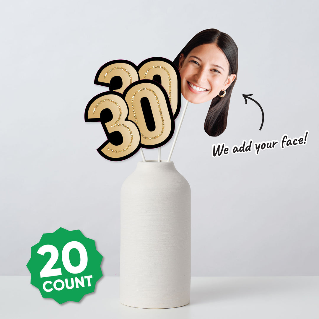 Set of 10 custom face cutouts and 10 black and gold 30 number shapes