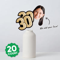 Set of 10 custom face cutouts and 10 black and gold 30 number shapes