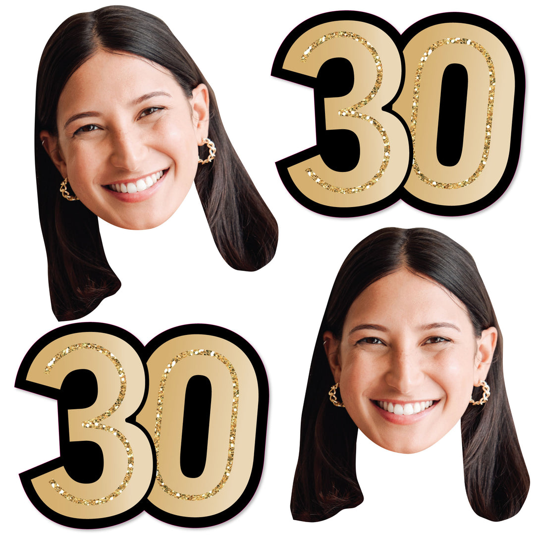 Custom 30th birthday fun face and number cutout set in black and gold