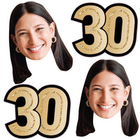 Custom 30th birthday fun face and number cutout set in black and gold