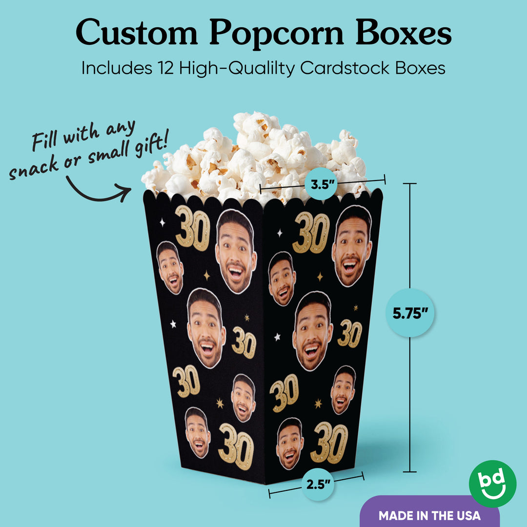 Custom popcorn box with faces and '30' text, filled with popcorn, on a blue background.