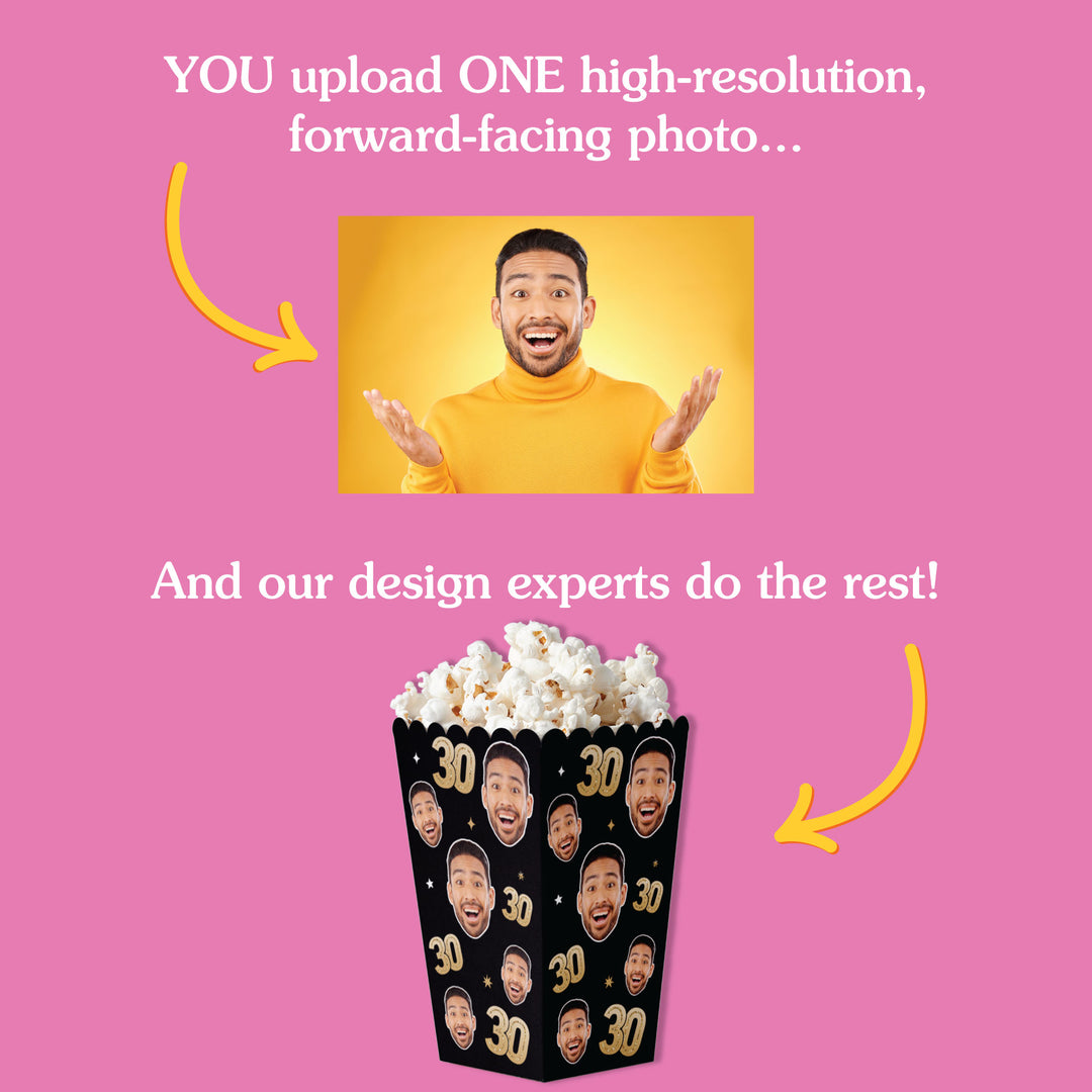 Promotional graphic with a man in a yellow sweater and a popcorn bucket with personalized faces on a pink background.