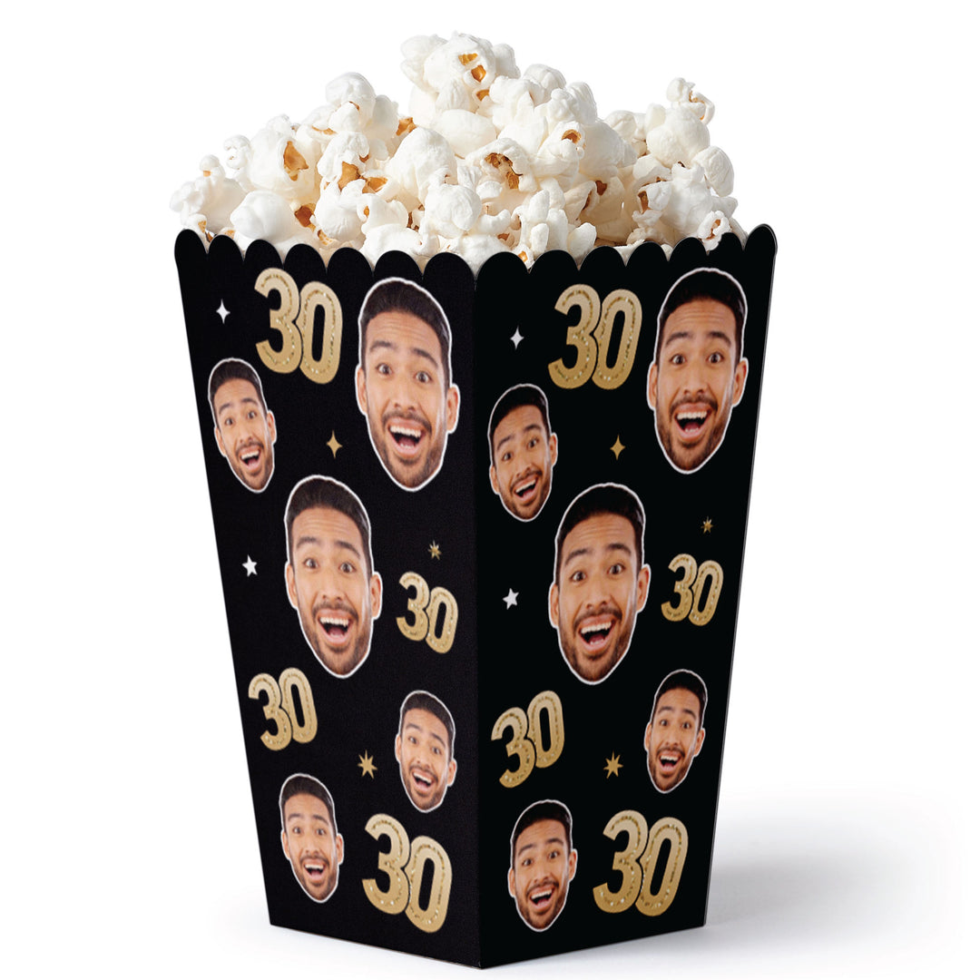 Custom face 30th birthday black and gold popcorn favor boxes set of 12