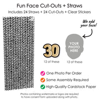 12 custom face shapes and 12 black and gold 30 number cutouts with straws