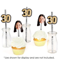 30th birthday drinks decorated with personalized face straw toppers