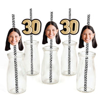 Custom 30th birthday fun face straw decorations in black and gold