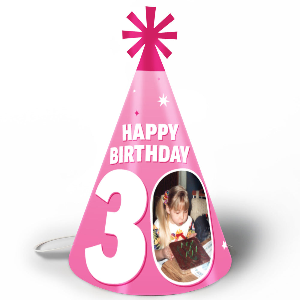 Custom Photo 30th Birthday Cone Hat - 8 Ct