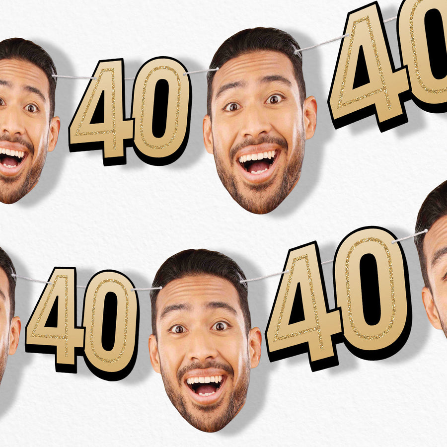 Custom Happy birthday banner with faces and '40' text on a white background