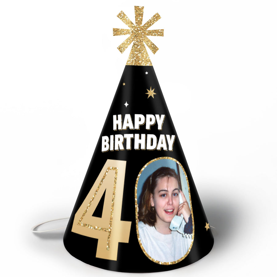 Custom Photo 40th Birthday Cone Hat - 8 Ct