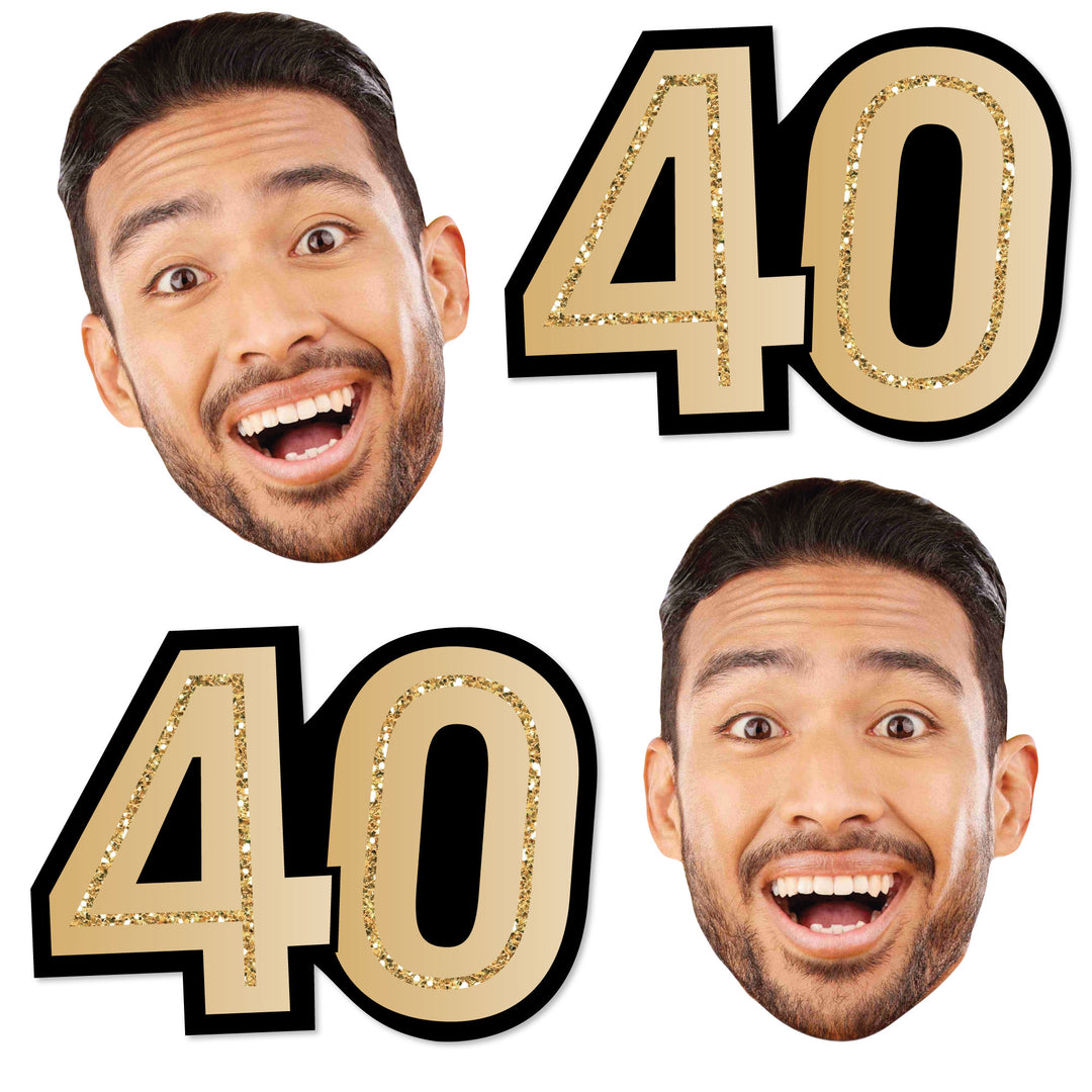 Custom 40th birthday fun face and number cutout set in black and gold
